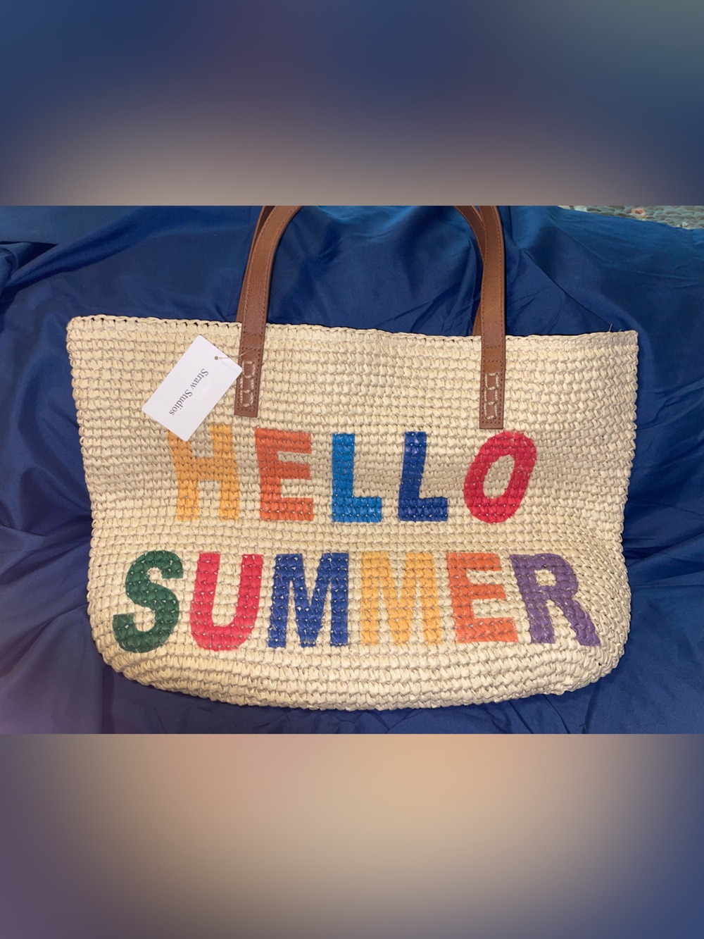 Straw Studios Multicolor 'HELLO SUMMER' Cream Straw Tote with Tan Handles